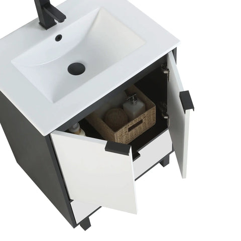 Heavy Duty 24 Inch Bathroom Vanity With Sink, Matte White Modern Cabinet showing soft close doors and deep storage drawer.