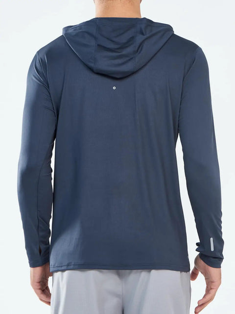 Back view of Mens Sun Protection Hoodie Shirt With UPF 50 Plus Long Sleeve Rash Guard For Fishing Swimming And Running Lightweight
