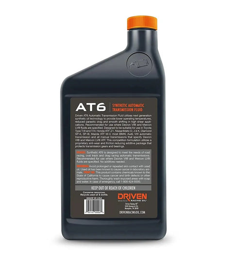 Container of AT6 Dexron VI Synthetic Transmission Fluid For GM Lexus Toyota Honda BMW And More, single quart size, back label view