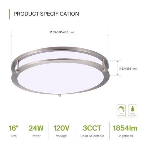 Lit 16 Inch Round Flush Mount Ceiling Light With 3CCT Dimmable LED 24W 1854 Lumens Energy Star Nickel Double Ring