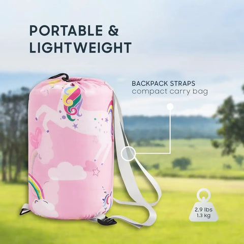 Unicorn Rainbow Clouds Pink Kids Sleeping Bag For Girls 61x26 Inches Lightweight 2.9 Lb in backpack carry bag outdoors