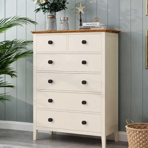 Grab These Totally Solid 24 Pack Aluminum Cabinet Knobs And Drawer Pulls Super Durable Black Hardware For Kitchen Cupboards And Dressers Brushed Brass Vibe Included on a cream dresser with black handles.