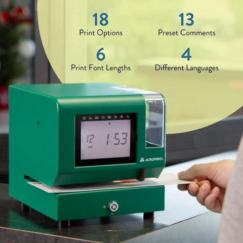Heavy Duty Digital Time Recorder Featuring Solid Steel Construction And Bright Backlit Lcd Display Designed For The Daily Grind And Rugged Work Floors Where Dependable Employee Tracking Never Misses A Beat On Busy Shopsites, showing LCD panel and punch card.