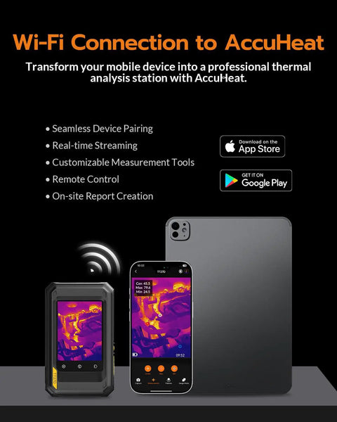 Dual-Lens WiFi Heat Cam With AI Upscale To 640x480 UIRA-IR 2MP Visual Sensor Five Modes Visual Thermal Fusion PIP Blending 25 Hz Frame Rate For Smooth Footage And Hidden Detail Detection, shown with phone app