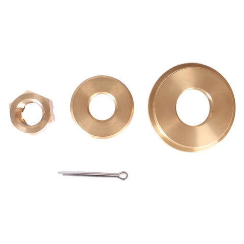 Honda Outboard Propeller Hardware Kit For 115HP To 250HP Boats Includes Thrust Bushing 90506-ZX2-C00, Prop Spacer 90512-ZX2-C00, Castle Nut 90301-ZW1-B00, Cotter Pin 90758-ZW1-B00; brass components laid out