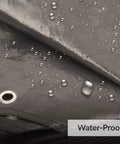 Close-up of heavy duty waterproof 10x10 tarpaulin with water droplets and rust-resistant grommets, 10 mil PE floor mat for outdoor camping.