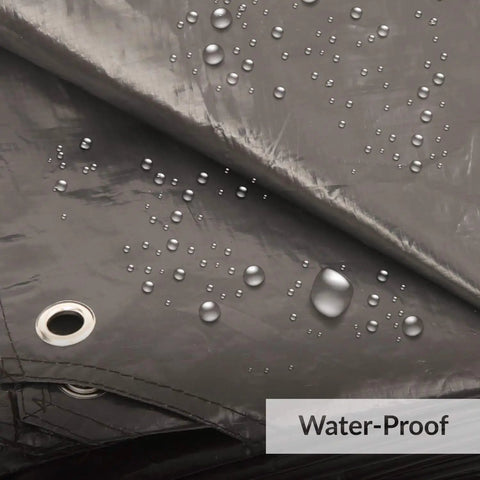 Close-up of heavy duty waterproof 10x10 tarpaulin with water droplets and rust-resistant grommets, 10 mil PE floor mat for outdoor camping.