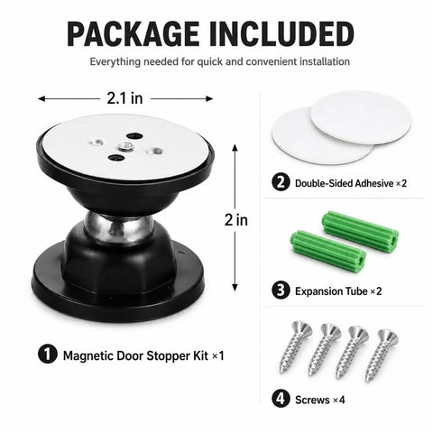 RV Magnetic Door Catch With Heavy Duty Hold Strong Magnet Door Stopper components, including screws and adhesive.