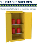 Built Like A Tank 60 Gallon Flammable Safety Cabinet With Self Closing Steel Doors And Heavy Duty Locking Mechanism For Garage Or Industrial Workshop Storage featuring adjustable shelves with red containers.