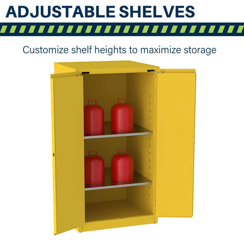 Built Like A Tank 60 Gallon Flammable Safety Cabinet With Self Closing Steel Doors And Heavy Duty Locking Mechanism For Garage Or Industrial Workshop Storage featuring adjustable shelves with red containers.
