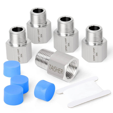 Dope 5 Piece Forged 304 Stainless Steel Reducer Adapter Set, 1/4 Inch Male NPT To 3/8 Inch Female NPT with caps and tape