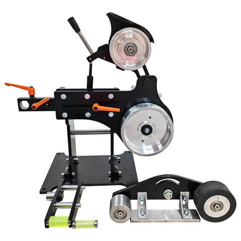 Kick Butt In The Workshop With This 2Hp Variable Speed Belt Sander Grinder with silver drums and adjustable components.