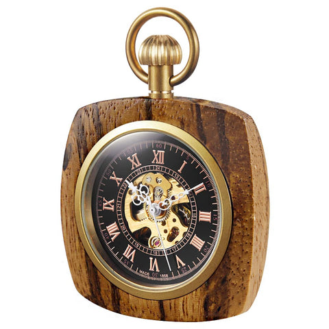 Retro Square Red Brown Wooden Hand Wind Pocket Watch For Men With Chain Capless Hollow Mechanical Timepiece No Battery Classic Vintage Vibe For Everyday Carry