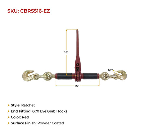 Four Pack Ratchet Chain Binders With Rubber Grips For Flatbed Hauling, Beefy Five Sixteenths And Three Eighths Inch Chain