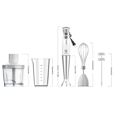 5 In 1 Immersion Hand Blender With 8 Speeds And 300W Power Includes 500ml Food Grinder, 600ml Beaker, Milk Frother, Egg Whisk, White