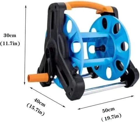 Portable Garden Hose Reel Cart With 50 Meter Hose And Nine Setting Spray Nozzle, compact size, durable polypropylene material.