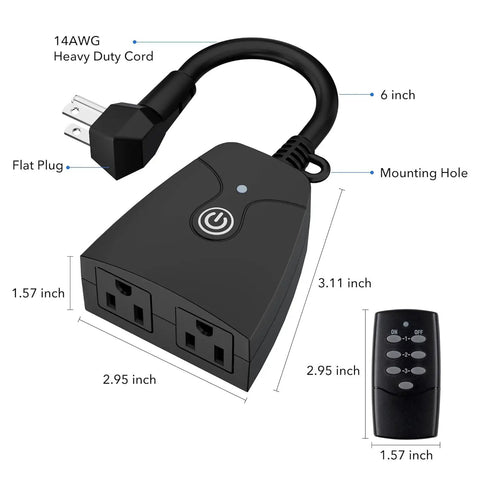 Outdoor Wireless Remote Control Outlet Kit With Weatherproof Heavy Duty Power Strip Indoor Light Switch Plugs shown with dimensions