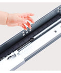 Top Notch Push To Open Undermount Drawer Slides With Sugar Smooth Rebound Action, showing a child's hand operating the slide mechanism.