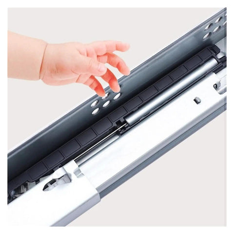 Top Notch Push To Open Undermount Drawer Slides With Sugar Smooth Rebound Action, showing a child's hand operating the slide mechanism.