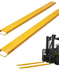 Pair of yellow VEVOR forklift pallet fork extensions, 96 inches long and 6.5 inches wide.