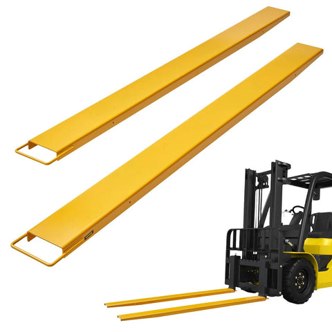 Pair of yellow VEVOR forklift pallet fork extensions, 96 inches long and 6.5 inches wide.