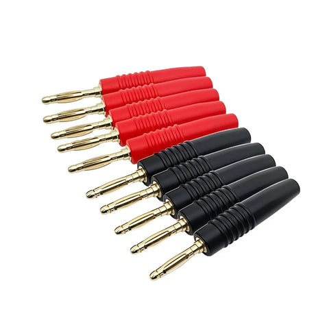 Heavy Duty Brass Banana Plug Connectors For Audio Speaker Wire Rock Solid And Plug And Play Setup with red and black color options.
