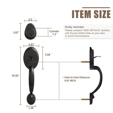 Double Door Lock Set With Handles And Dummy Front Door Handle, Black Traditional Exterior Door Hardware size dimensions