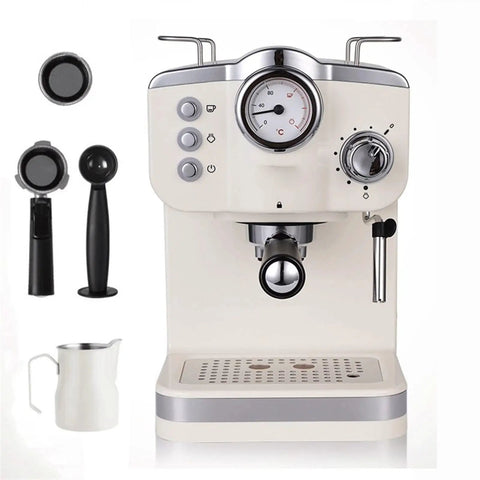 Compact Electric Espresso Maker With Built In Milk Frother Portable Home Barista Machine with sleek design and accessories.