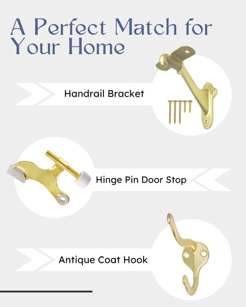 3 Pack Wooden Stair Handrail Brackets Champagne Brass Finish with mounting hardware, hinge pin door stop, antique coat hook