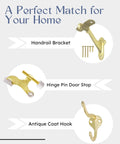 Solid Five Pack Of Heavy Duty Hinge Pin Door Stoppers In Premium Satin Brass Matte Gold Finish With Adjustable Swing Angles And Tough Rubber Bumpers For Zero Hassle No Drill Installation displayed alongside handrail bracket and antique coat hook.