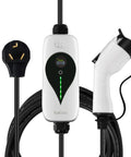 SAE J1772 Portable Level 2 EV Charger 32 Amp 90 To 260 Volt 7 KW Wall Connector with NEMA 10 30 Plug and display screen.