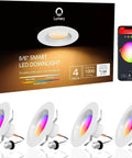4 Pack Smart LED Recessed Lighting 5 To 6 Inch RGB Color Changing WiFi Can Lights Retrofit LED Downlights 13W 1000LM displayed with app control.