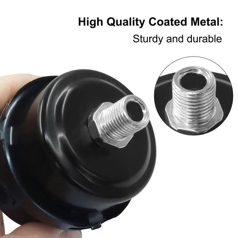 Close-up of a metal air compressor silencer with 1/4-inch thread intake, showing sturdy construction and metal finish.