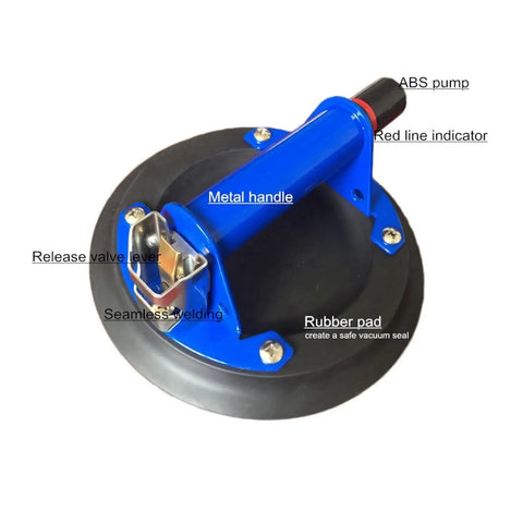 Heavy Duty 10 Inch Vacuum Suction Cup With Metal Handle For Granite Slabs Glass And Tile Manual Pump Lifter Tool featuring durable blue rubber pad.