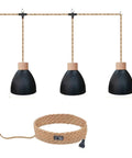 Three Light Plug In Pendant Light With Twisted Hemp Rope, 22 Ft Hanging Lamp, Industrial Black Finish, Independent Triple Switch Chandelier.
