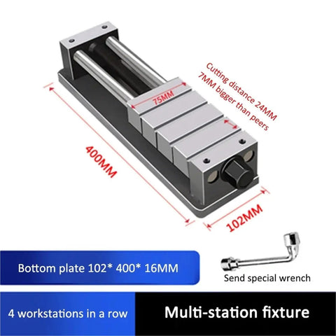 Built Tough Industrial Grade Cnc Multi Station Bench Vise Fixturing Setup For Copper Male Connectors And Flat Nose Pliers Holding One Six Millimeter Thick Workhorse Machining Jig, featuring a sturdy 400mm long fixture.