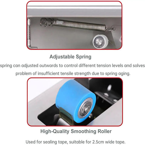 Heavy Duty Stainless Steel Desktop Carton Sealer With Smooth Adhesion Wheels No Power Needed Manual Tape Cutter For 2.5cm Wide Packing Straps And Quick Sealing Jobs On The Go adjustable spring and high-quality smoothing roller for sealing tape.