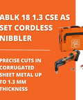 Cordless Nibbler For Roofs And Facades with case, precise 17-gauge metal cutting tool, 18V power, QuickIn system