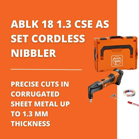 Cordless Nibbler For Roofs And Facades with case, precise 17-gauge metal cutting tool, 18V power, QuickIn system