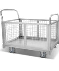 5 In 1 Foldable Flatbed Cart And Heavy Duty Cage Dolly With 2200 Lb Capacity And Smooth Rolling Swivel Casters with mesh sides.