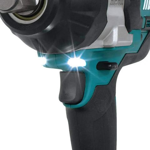 Close-up of a Beefy 18V Brushless Cordless Impact Wrench Half-Inch Square-Drive Tool Only with LED lights and grip handle.