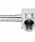 Heavy Duty Three Zero Four Stainless Steel Ninety Degree Elbow Joins Five Sixteenth Hose Barb To Quarter Female Npt Threading, 90-degree angle with knurled grip.