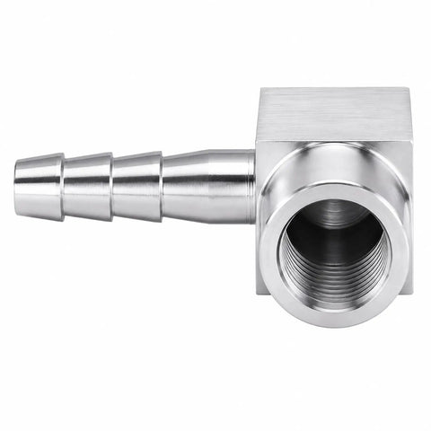 Heavy Duty Three Zero Four Stainless Steel Ninety Degree Elbow Joins Five Sixteenth Hose Barb To Quarter Female Npt Threading, 90-degree angle with knurled grip.