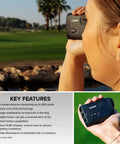 Person using Golf Rangefinder With 6x To 12x Zoom And Slope Correction, Image Stabilization, Built In Camera for golf precision.
