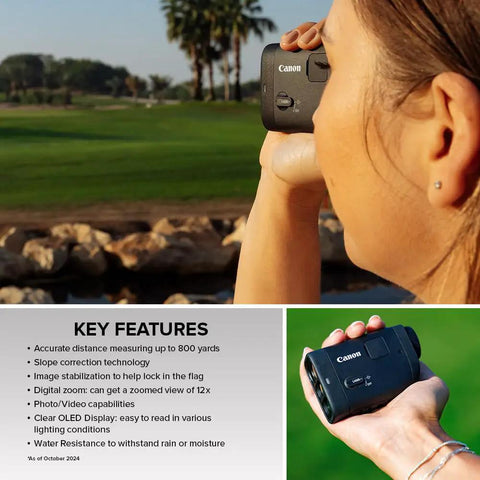 Person using Golf Rangefinder With 6x To 12x Zoom And Slope Correction, Image Stabilization, Built In Camera for golf precision.