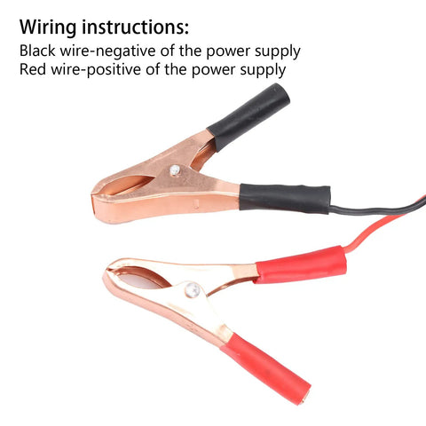 Wiring instructions for Beefy 12V Submersible Water Transfer Pump For Diesel Kerosene And Water, showing clips with black and red wires.