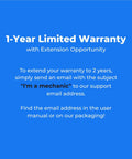 Blue image with text explaining 1-year limited warranty and extension opportunity by emailing with subject 'I'm a mechanic'.
