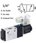 Compact 1/4 Inch NPT 3 Way 2 Position Pneumatic Solenoid Valve DC 12V With Aluminum Body IP65 Rated; diagram and label view