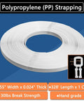 Heavy Duty Hand Grade Polypropylene Strapping Coil Delivering Knockout 130 Pound Break Strength And Three Twenty Eight Feet Of Smooth White Strapping With One Hundred Snap Buckles For Seamless Cargo Securing shown with specifications.