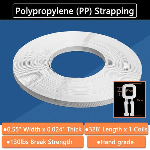 Heavy Duty Hand Grade Polypropylene Strapping Coil Delivering Knockout 130 Pound Break Strength And Three Twenty Eight Feet Of Smooth White Strapping With One Hundred Snap Buckles For Seamless Cargo Securing shown with specifications.